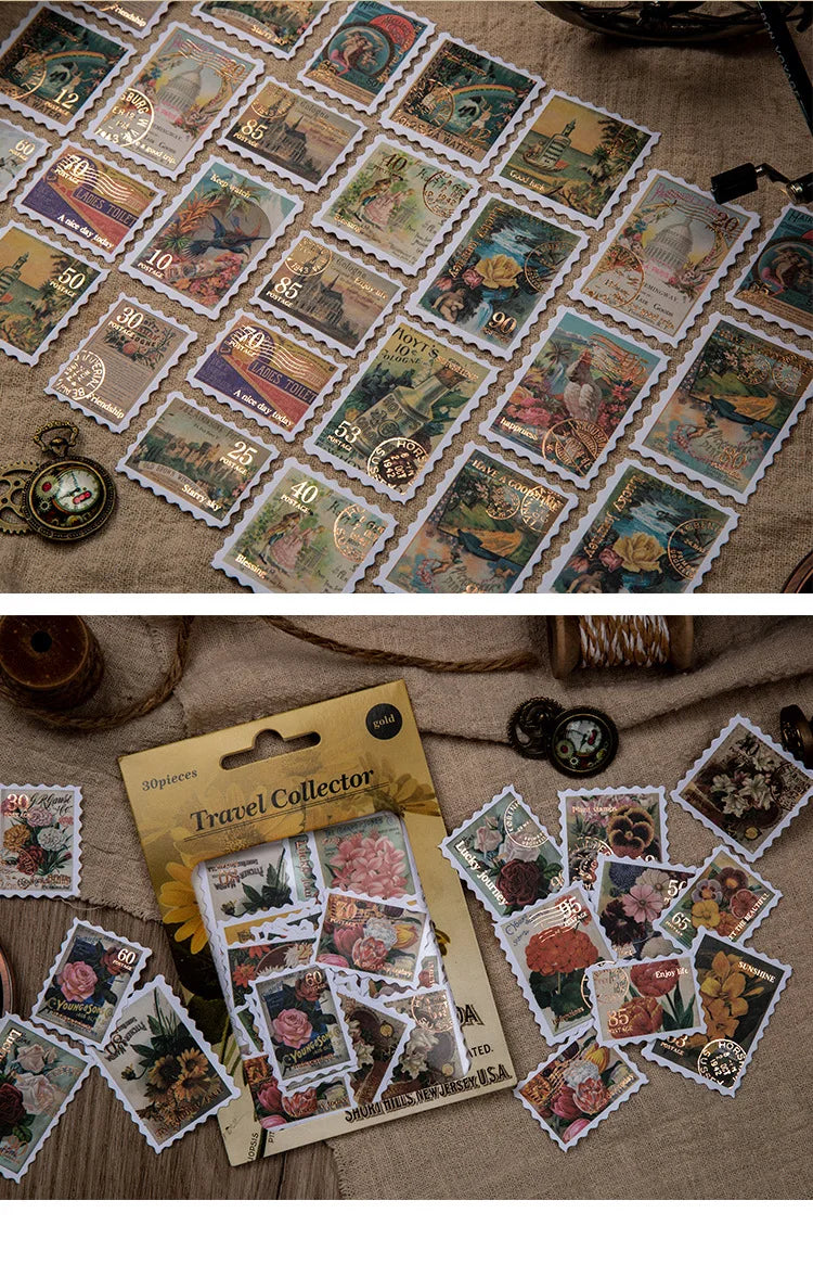 6style 30 pcs Travel Philatelic Stamp Decorative Gold Stickers DIY Scrapbook Label Diary Stationery Album Journal Sticker