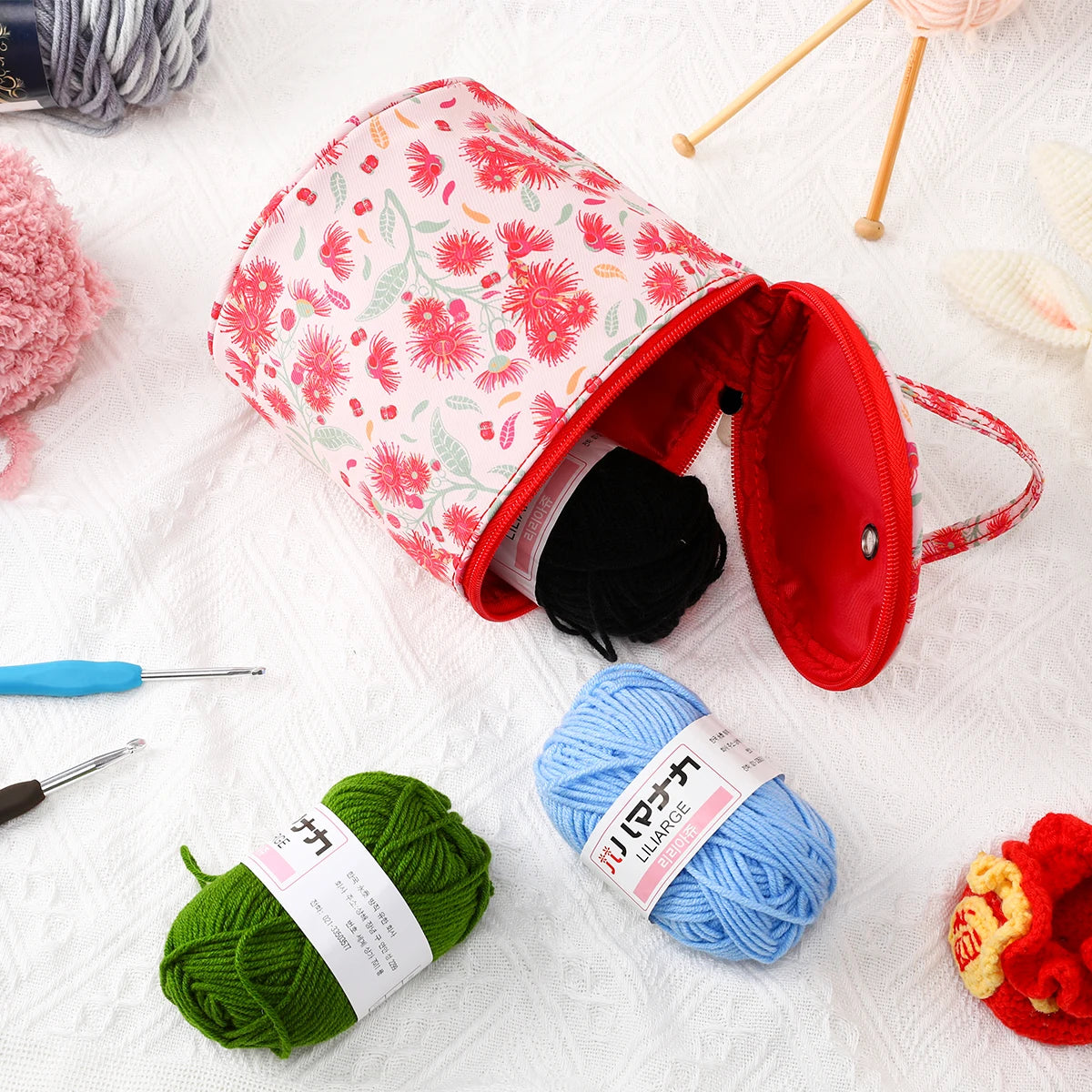 Round Yarn Handheld Storage Bag Portable Knitting Bag with Thread Hole DIY Yarn Sewing Tools Organize Crochet Hook Storage Bag