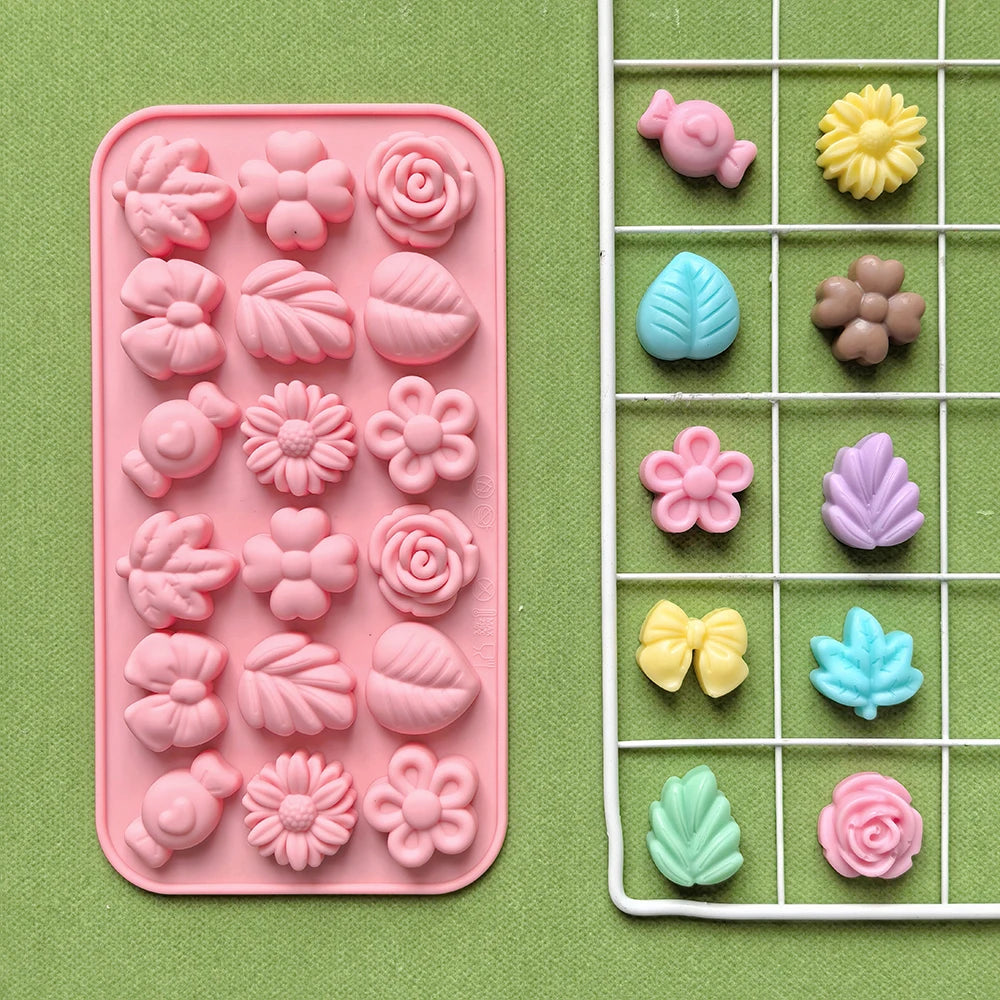 1pc 18 hole leaf, flower shaped DIY non stick silicone mold for gummies, chocolates, candies