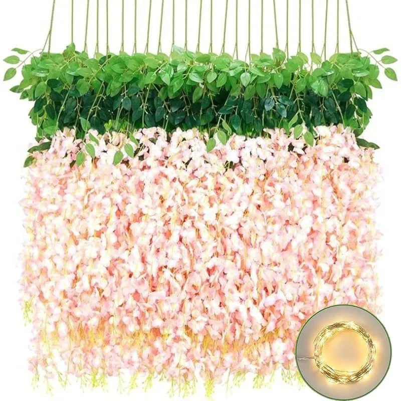 5/10Pcs 110cm Artificial Hanging Flower White Silk Wisteria Vine with Lights Garland for Aesthetic Room Party Garden Home Decor