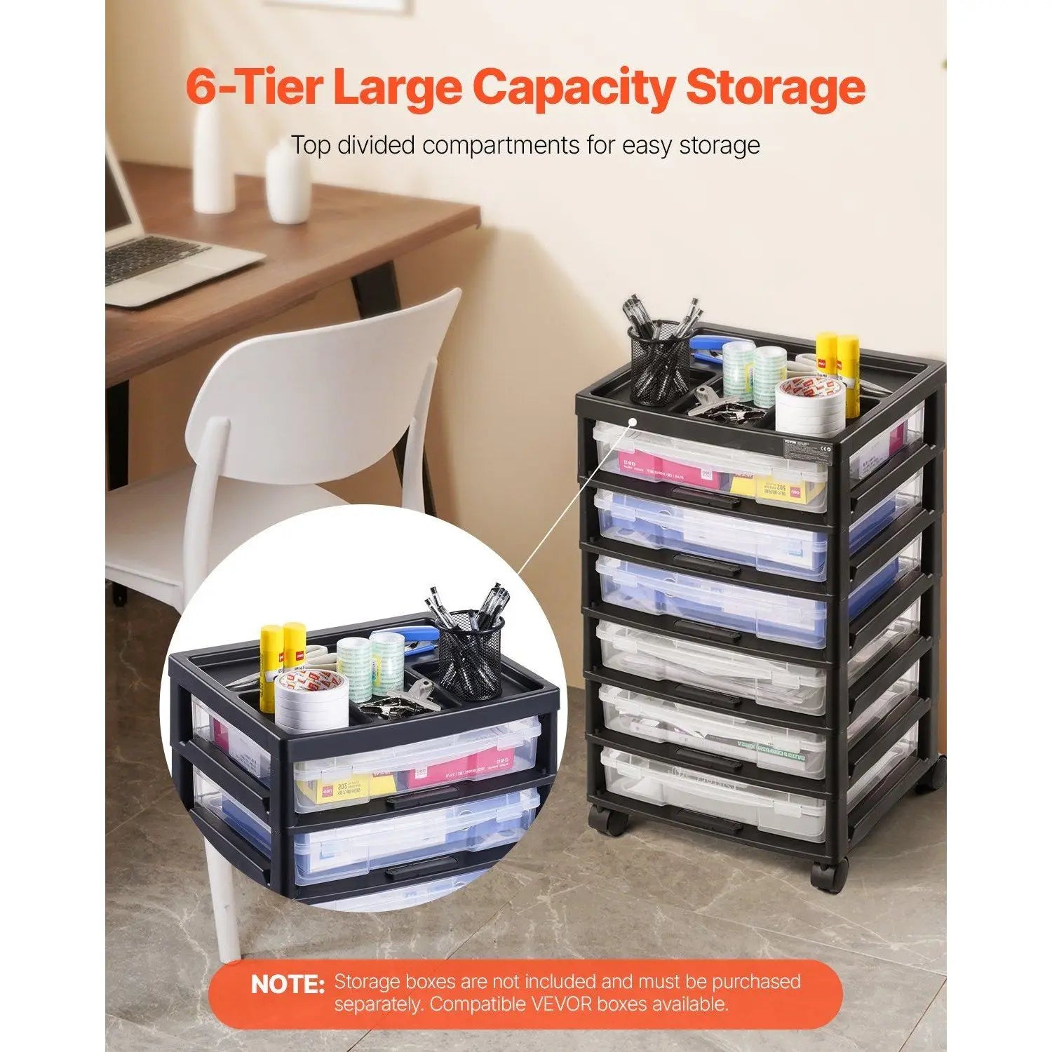Large Capacity 6-Tier Scrapbook Rolling Storage Cart with Organizer Top Black