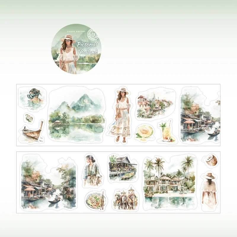 6Style 1Roll/bag Travel Scenic Story Series Die Cut Tape Creative DIY Handbook Scrapbook Phone Case Card Hang Tag