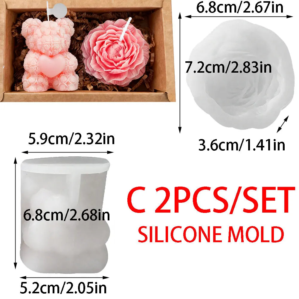 4 Style 2pcs Set Valentine's Day Teddy Bear Silicone Candle Mold Romantic Rose Heart Flower Gypsum Soap Making Tool DIY Souvenir