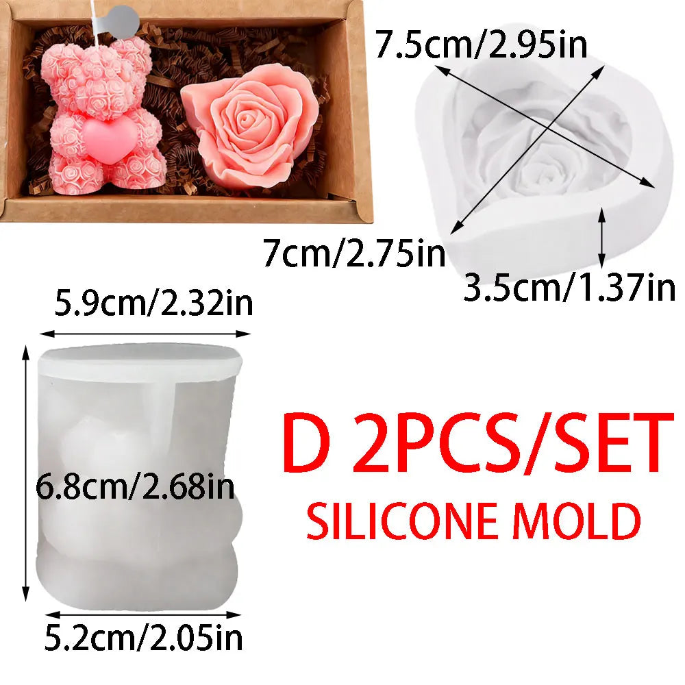 4 Style 2pcs Set Valentine's Day Teddy Bear Silicone Candle Mold Romantic Rose Heart Flower Gypsum Soap Making Tool DIY Souvenir