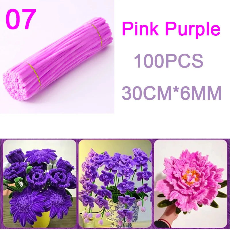 100Pcs Colorful Chenille Stems Pipe Cleaners Plush Tinsel Stem Wired Twist Sticks DIY Hair Flowers Kids Toys Handmade Craft Gift