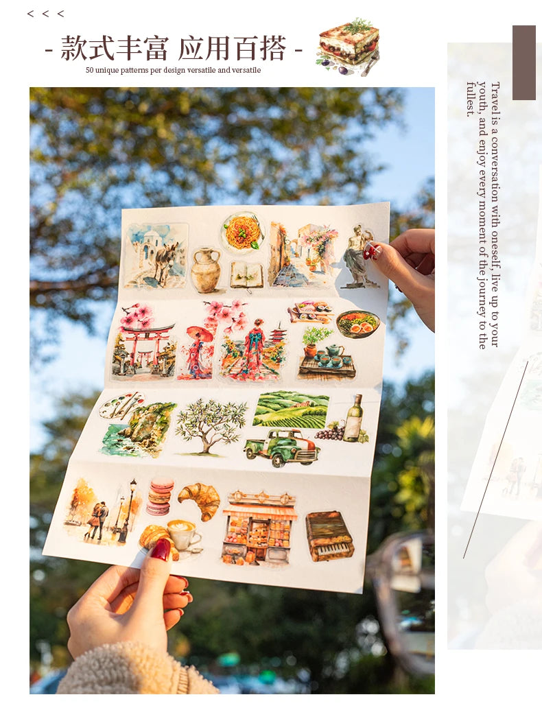 50pcs，Travel Scenery Themed Stickers Pack, Scrapbook Stickers，Perfect for Notebook Phone Case Diary Deco，Stationery  Supplies