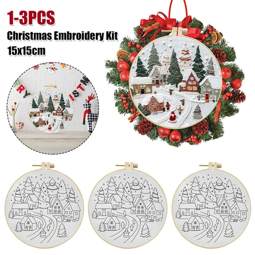 1-3Pcs Christmas Cross Stitch DIY Embroidery Kit Christmas Scene Includes Embroidery Hoop Embroidery Cloth Threads Needles