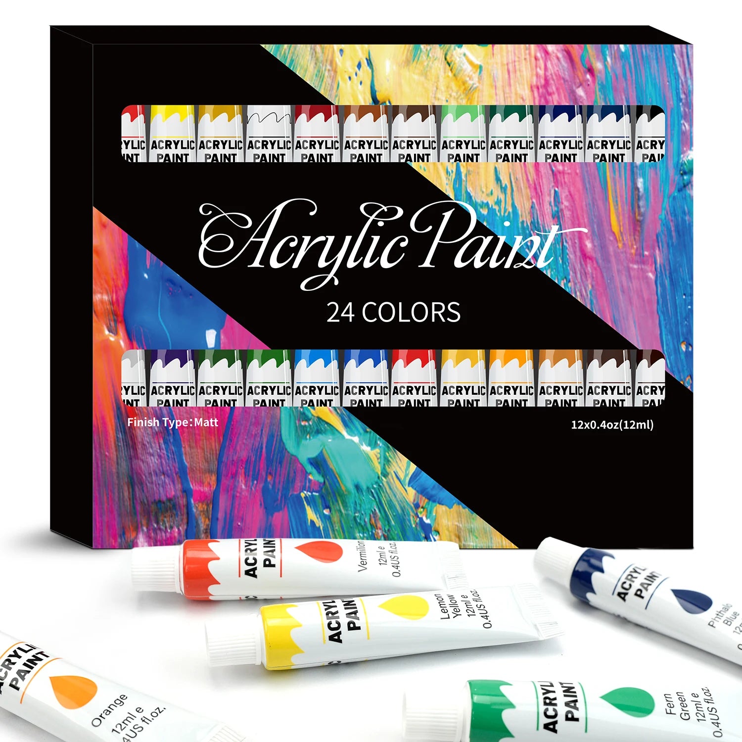 Acrylic Paint Set 12/24 Pack of 12mL Paints,Non-Toxic Craft Paint for Canvas,Wood,Fabric,Leather,Cardboard,Paper,MDF and Crafts