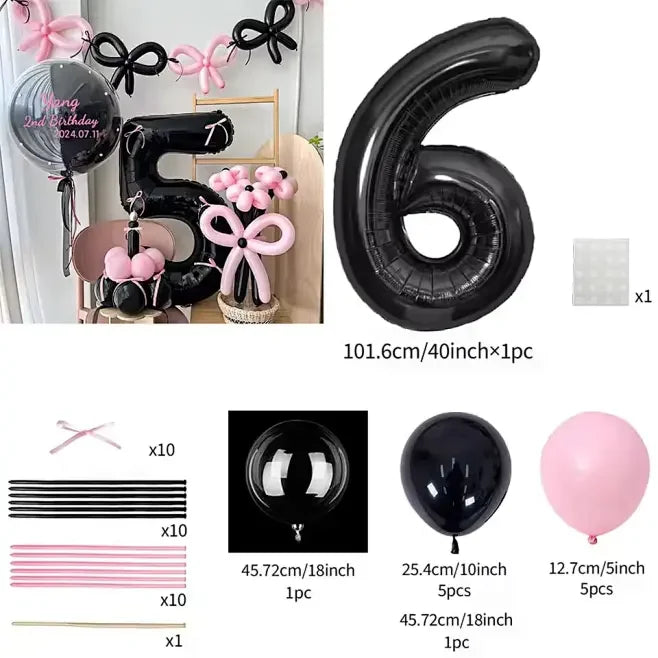 45 Pieces Pink Latex Balloon Black Number Balloon Set  for Girls Pink Butterfly Birthday Party, Anniversary Decoration (0-9)