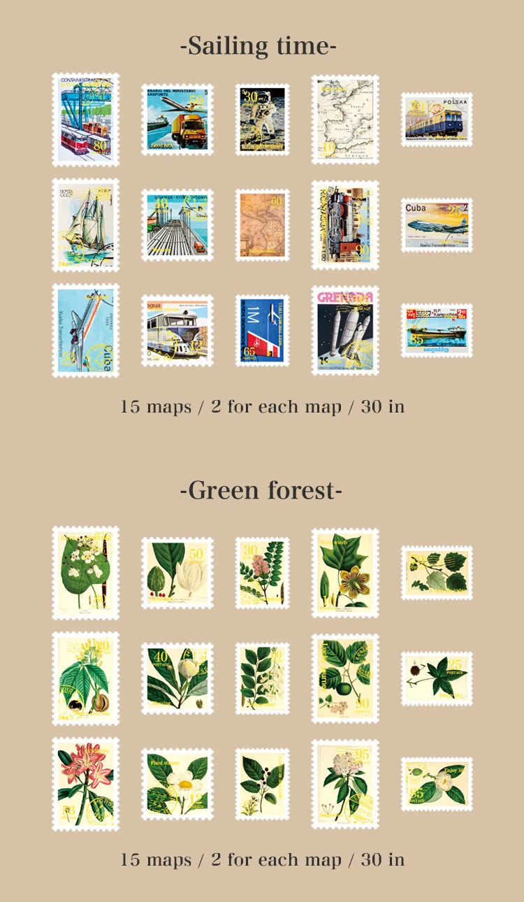 6style 30 pcs Travel Philatelic Stamp Decorative Gold Stickers DIY Scrapbook Label Diary Stationery Album Journal Sticker