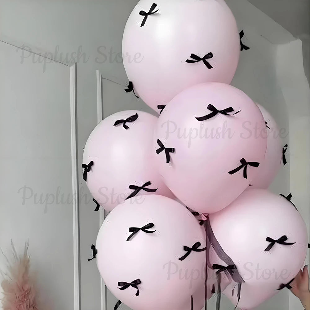 30Pcs Latex Balloons with Black Bow Coquette Bow Themed DIY Balloons Set for Boho Wedding Baby Shower Girls Birthday Party Decor