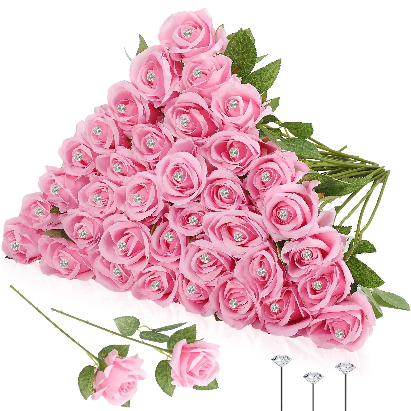 12-200Pcs Artificial Rose Flower Silk Roses with Diamond Valentine's Day Gift Fake Roses Red Roses for DIY Wedding Party Decor