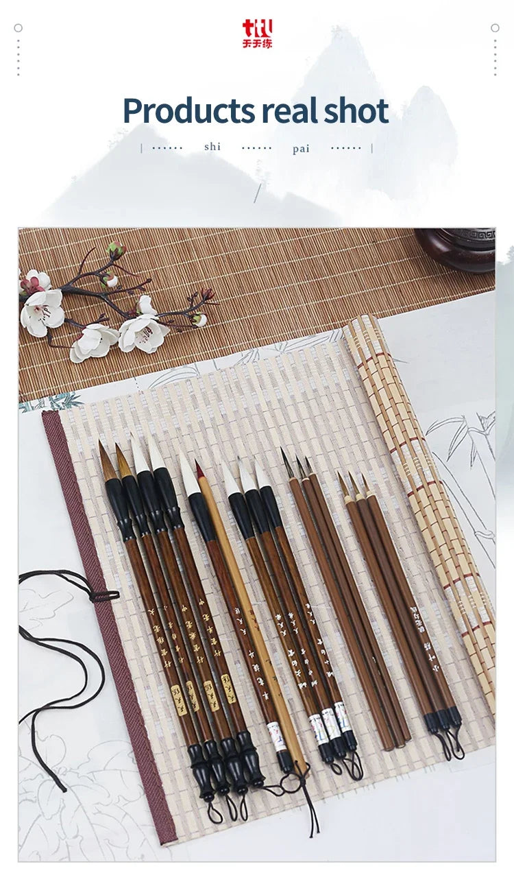 6/9/12/16Pcs Chinese Calligraphy Brushes Set with Roll-up Bamboo Brush Holder Sumi Painting Writing Kanji Art Watercolor Brush