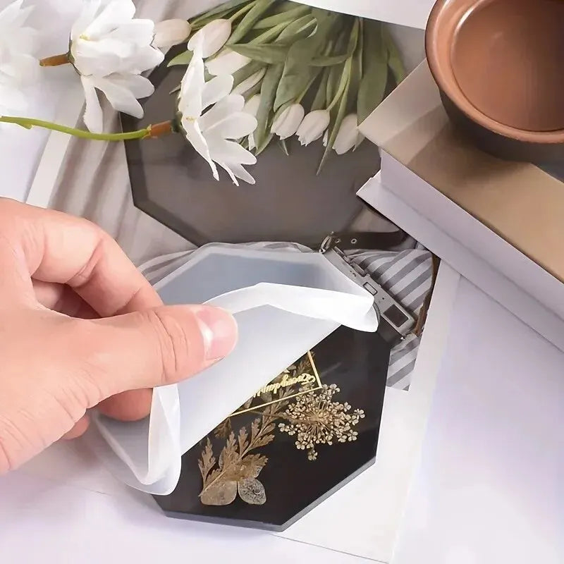 Coaster Resin Molds Set Include 1pc Coaster Storage Box Mold, 4Pcs Silicone Resin Coaster Mold for Epoxy Resin