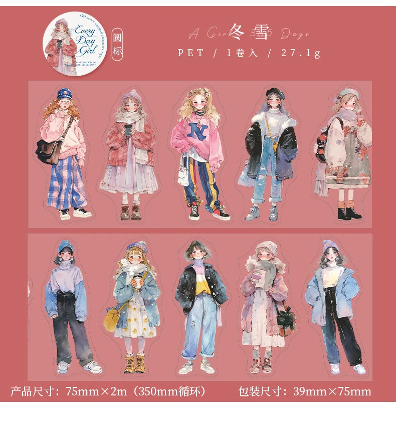 1 Roll Fashion Girl Stickers 4 Seasons Outfit DIY Scrapbook Journal Washi Tape For Phone Case Notebook Decoration Cute Stationer