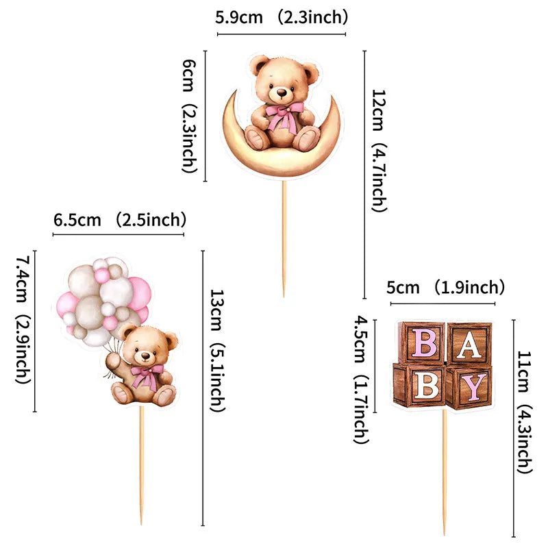 12/1pcs Pink Blue Balloon Bear Cupcake Toppers Baby Shower Supplies Gender Reveal Decor Boy Girl Birthday Party Cake Decor