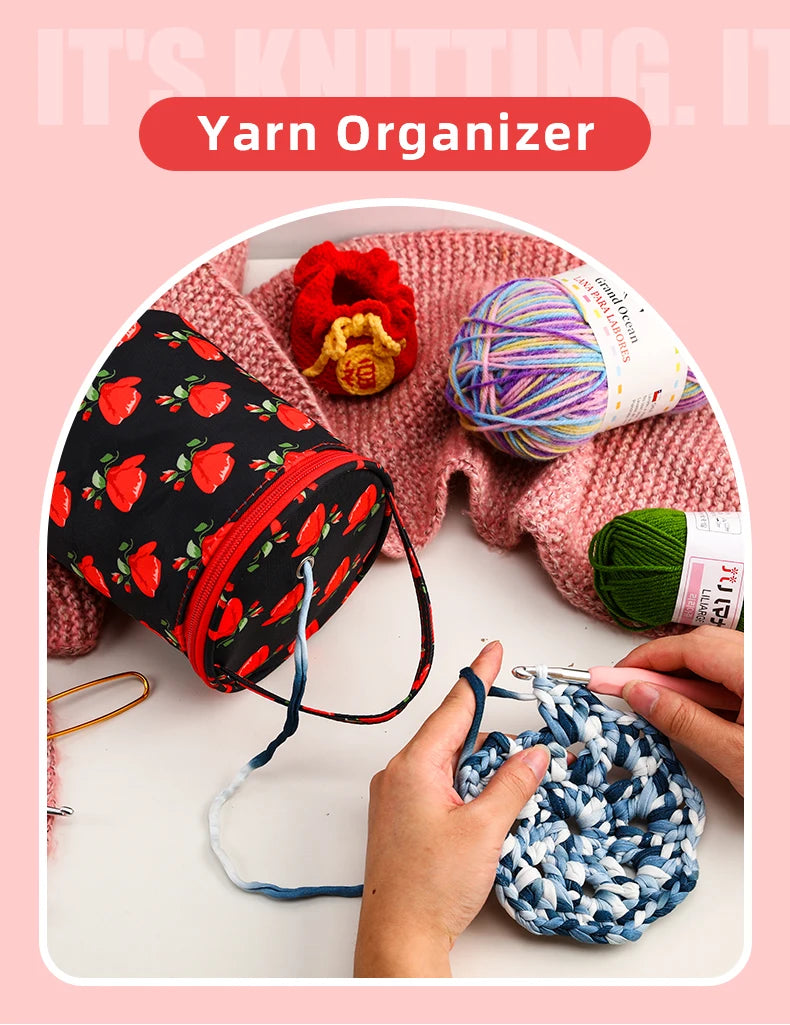 Round Yarn Handheld Storage Bag Portable Knitting Bag with Thread Hole DIY Yarn Sewing Tools Organize Crochet Hook Storage Bag