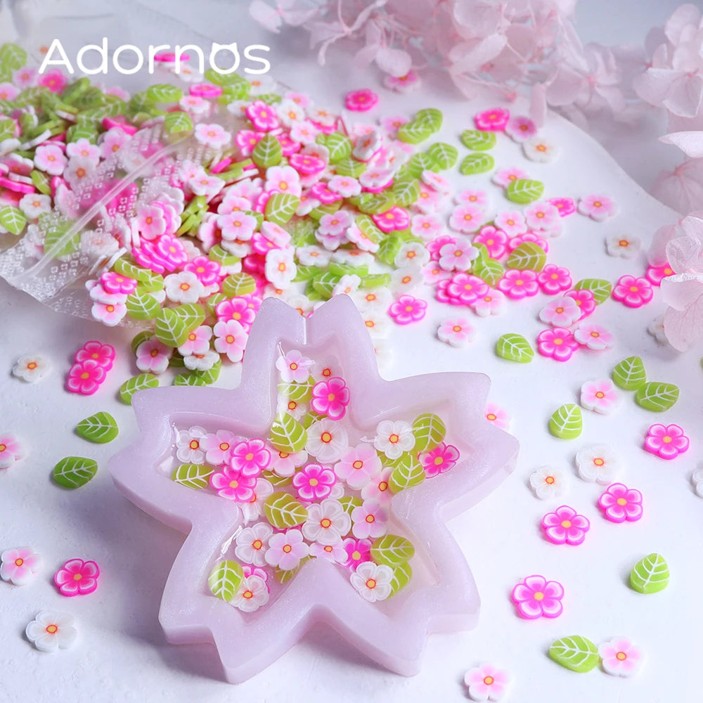 10g Pink Flowers Polymer Clay Slices Epoxy Resin Filling Mixed Cherry Blossom Leaf Slime Flake Spring DIY Pendant Crafts Making