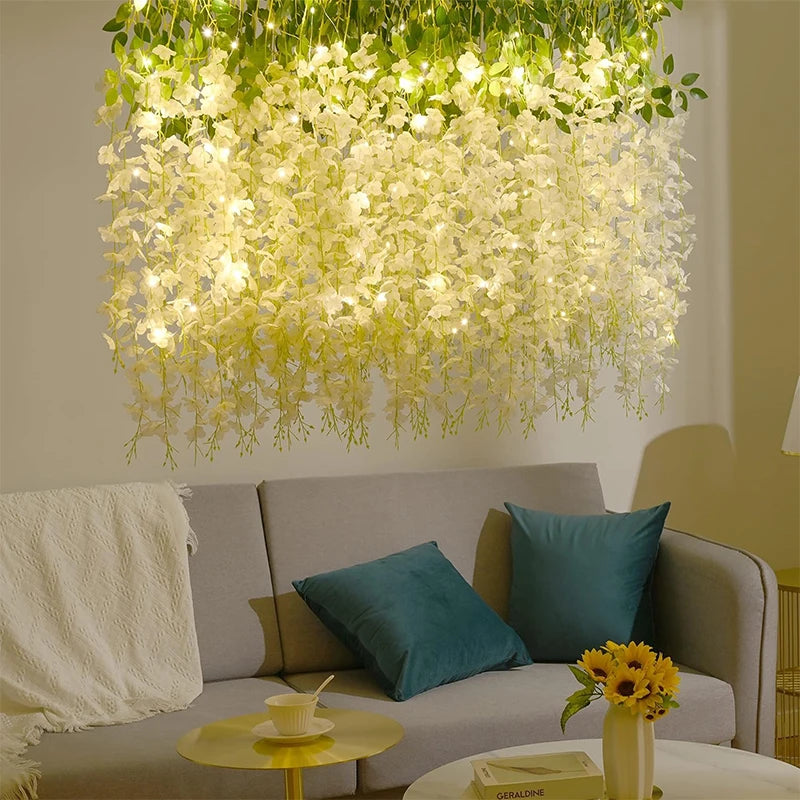 5/10Pcs 110cm Artificial Hanging Flower White Silk Wisteria Vine with Lights Garland for Aesthetic Room Party Garden Home Decor