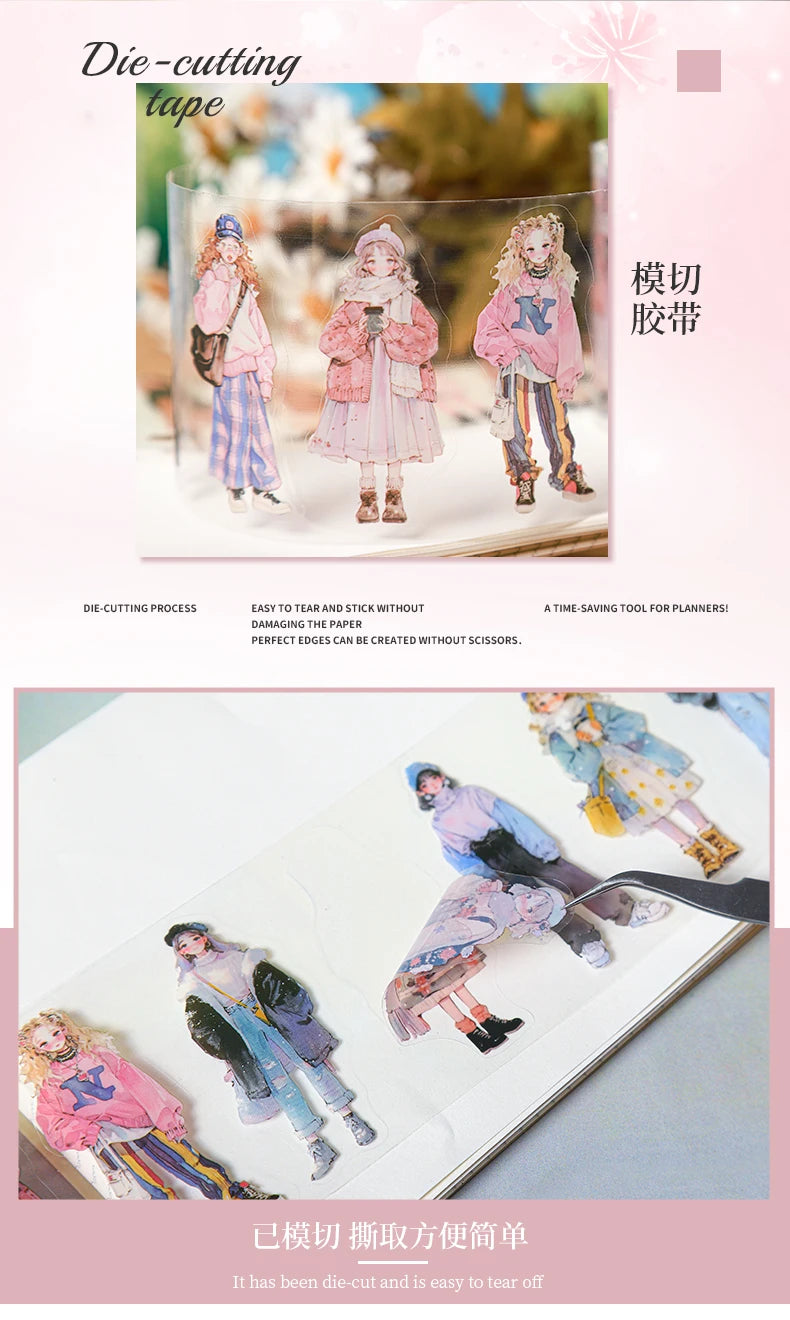 1 Roll Fashion Girl Stickers 4 Seasons Outfit DIY Scrapbook Journal Washi Tape For Phone Case Notebook Decoration Cute Stationer