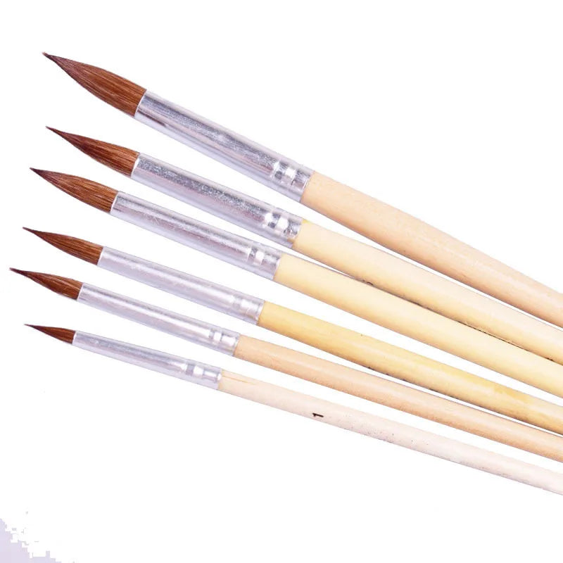 6pcs/Set,weasel hair circular head short wood rod brush watercolor brush painting pen acrylic oil painting brush art supplies