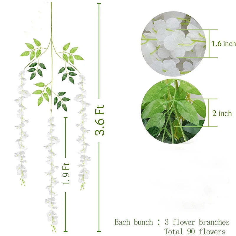 5/10Pcs 110cm Artificial Hanging Flower White Silk Wisteria Vine with Lights Garland for Aesthetic Room Party Garden Home Decor