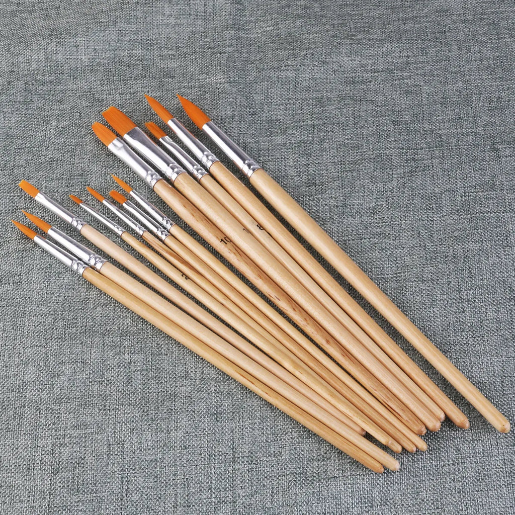 12Pcs Professional Watercolor Brush Set for Artists Acrylic Oil Painting Nylon Hairs Round Pointed Flat Double Crimped Ferrules