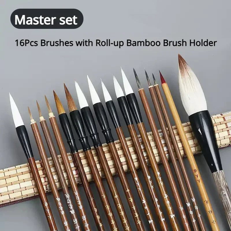 6/9/12/16Pcs Chinese Calligraphy Brushes Set with Roll-up Bamboo Brush Holder Sumi Painting Writing Kanji Art Watercolor Brush