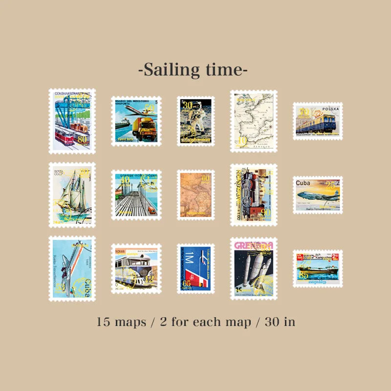 6style 30 pcs Travel Philatelic Stamp Decorative Gold Stickers DIY Scrapbook Label Diary Stationery Album Journal Sticker