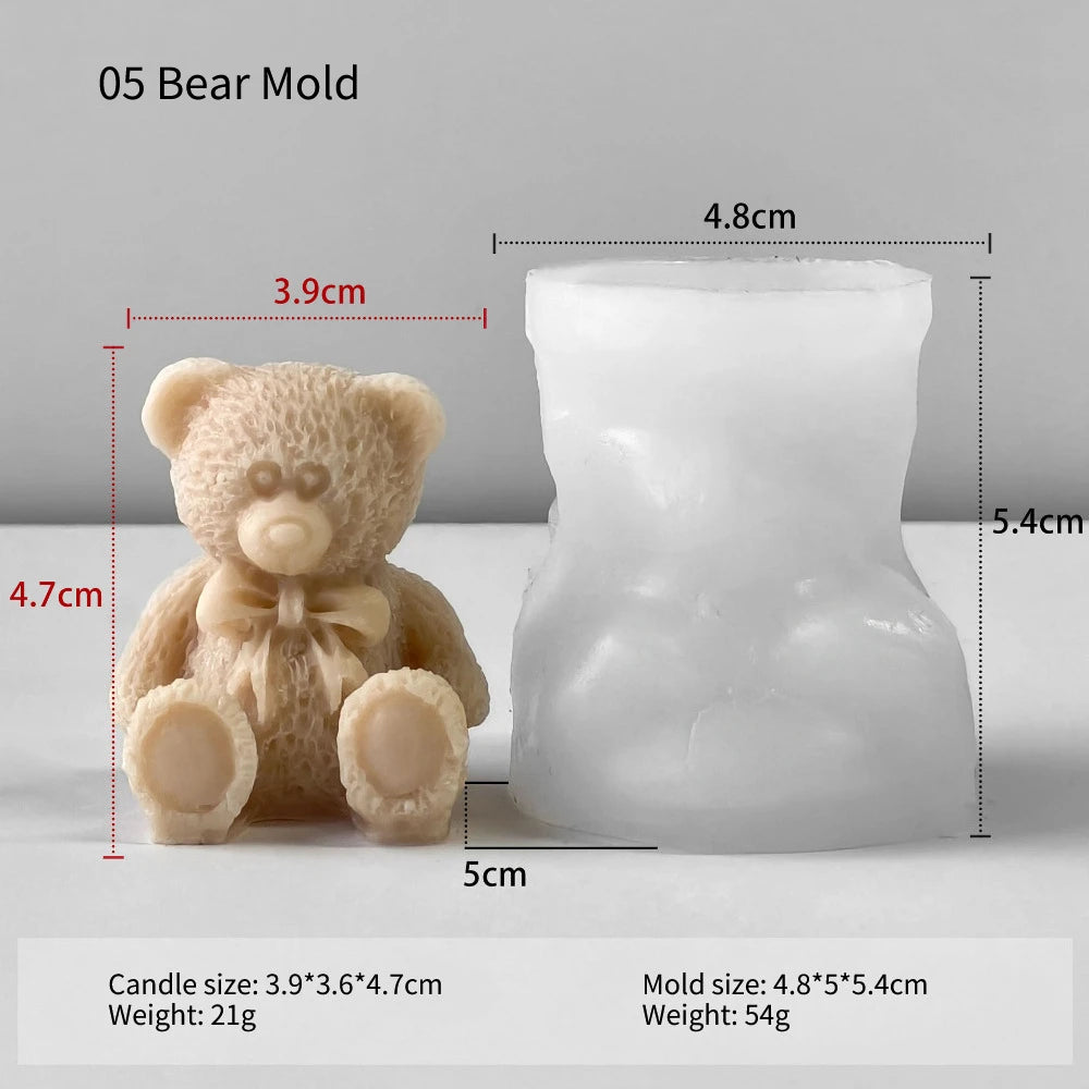 Mini Bear Candle Molds DIY Handmade 3D Cute Bears Plaster Cement Resin Mould Craft Ornaments Soap Candle Making Mold Supplies