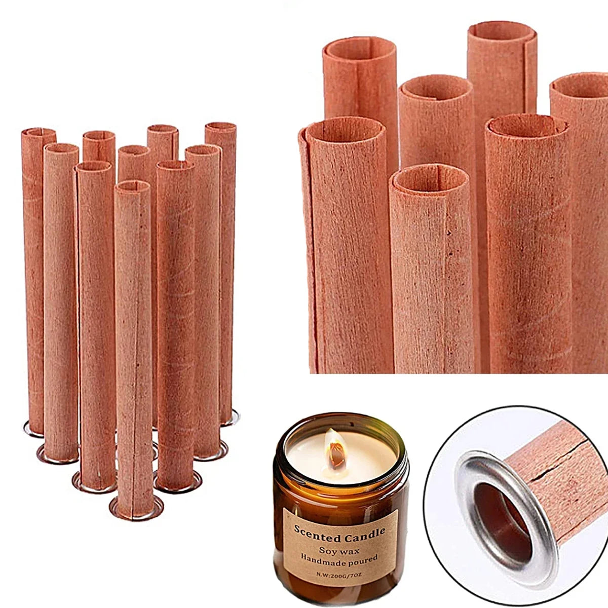 10pcs/set Tubular Wooden Wicks Natural Smokeless Hollow Cylinder Wood Wax Core & Base DIY Candle Making Tool Candles Supplies