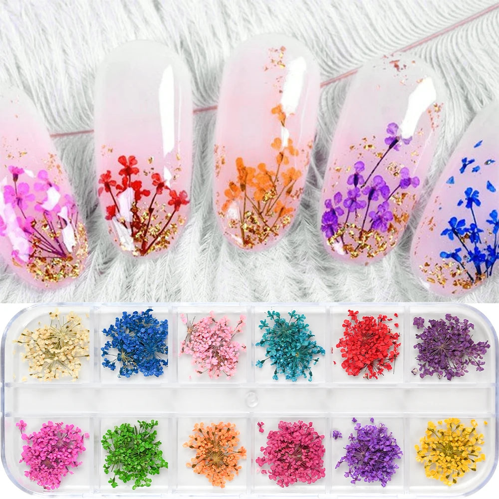 12Grid Colorful Dried Flower For Nail Charms Natural Floral Sticker Mix Dry Flowers Decal DIY UV Gel Polish Nail Art Manicure