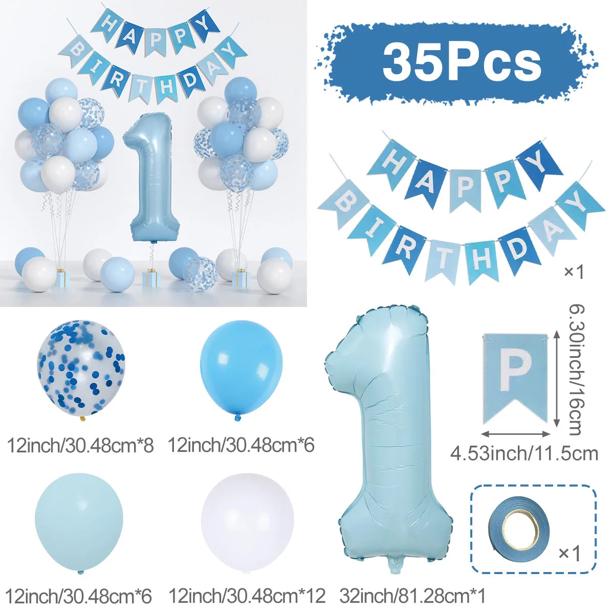 Blue 1 year old Balloon Happy 1st Birthday Party Decor Kids Girls Birthday Party Favors Gift Supplies Baby Shower Latex Balloons
