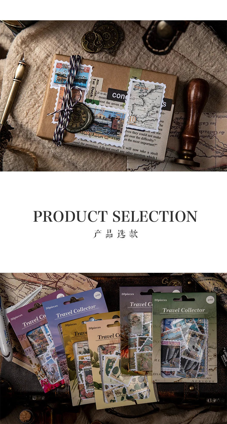 6style 30 pcs Travel Philatelic Stamp Decorative Gold Stickers DIY Scrapbook Label Diary Stationery Album Journal Sticker