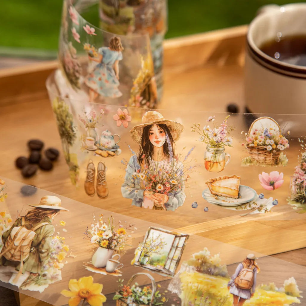 Journamm 60mm*2m Transparent PET Aesthetic Tape Flower Tape Decor Junk Journal DIY Scrapbooking School Supplies Collage Tapes