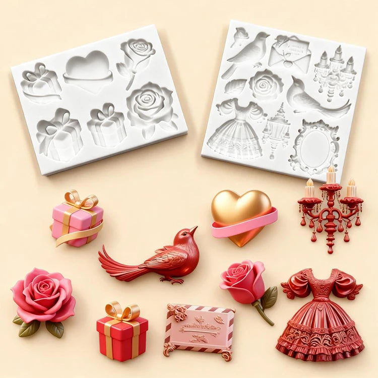 Valentine's Day Rose Silicone Molds Gift Box Bird and Dress Fondant Candy Chocolate Mould Wedding Cake Decoration Accessories