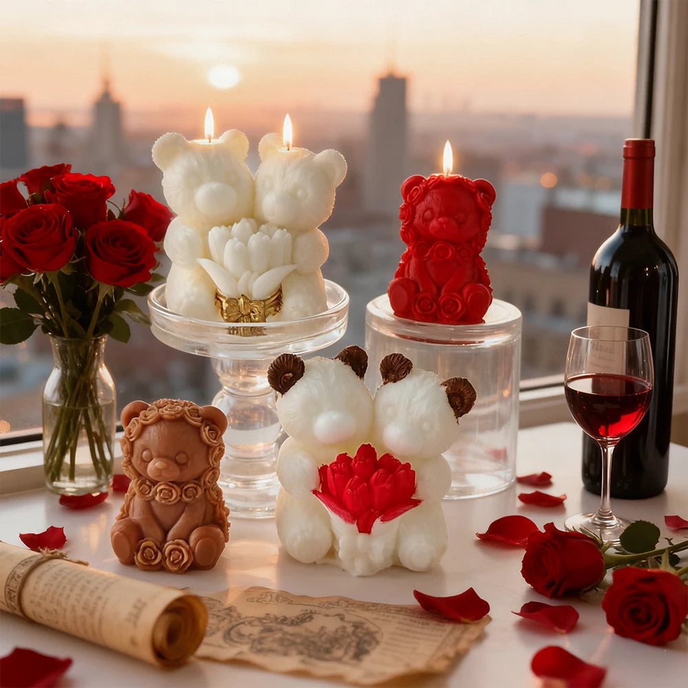 Love Rose Bear Silicone Candle Mold Handmade Valentine's Day Gifts Gypsum Resin Mould DIY Home Decoration Crafts Making Molds
