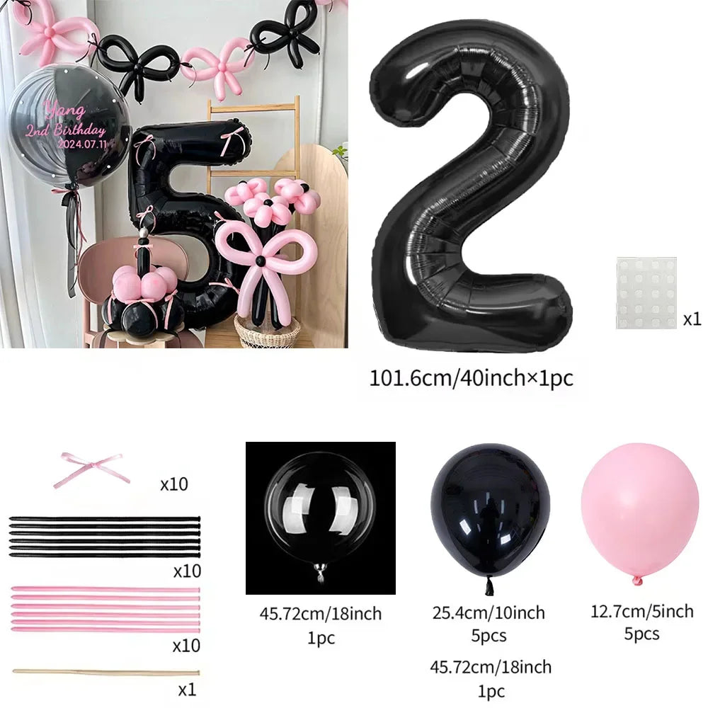 45 Pieces Pink Latex Balloon Black Number Balloon Set  for Girls Pink Butterfly Birthday Party, Anniversary Decoration (0-9)