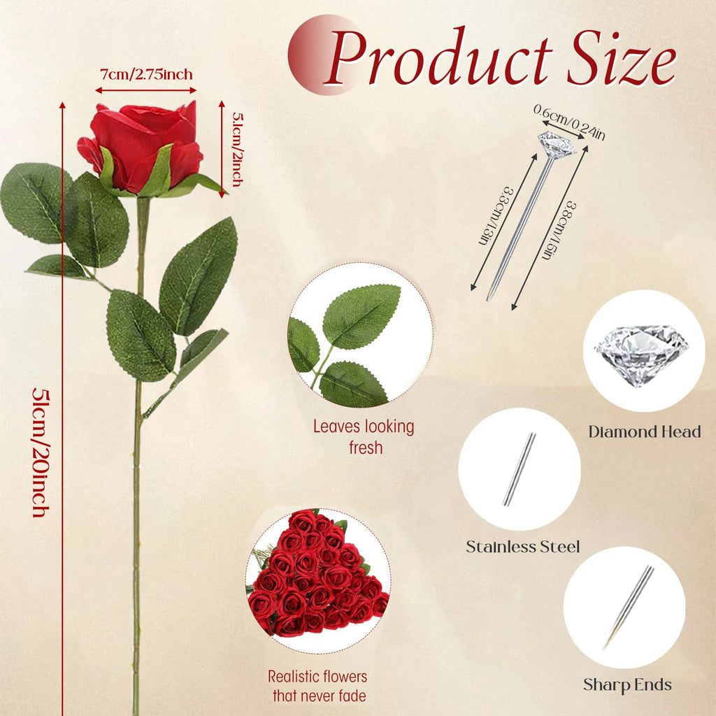 12-200Pcs Artificial Rose Flower Silk Roses with Diamond Valentine's Day Gift Fake Roses Red Roses for DIY Wedding Party Decor