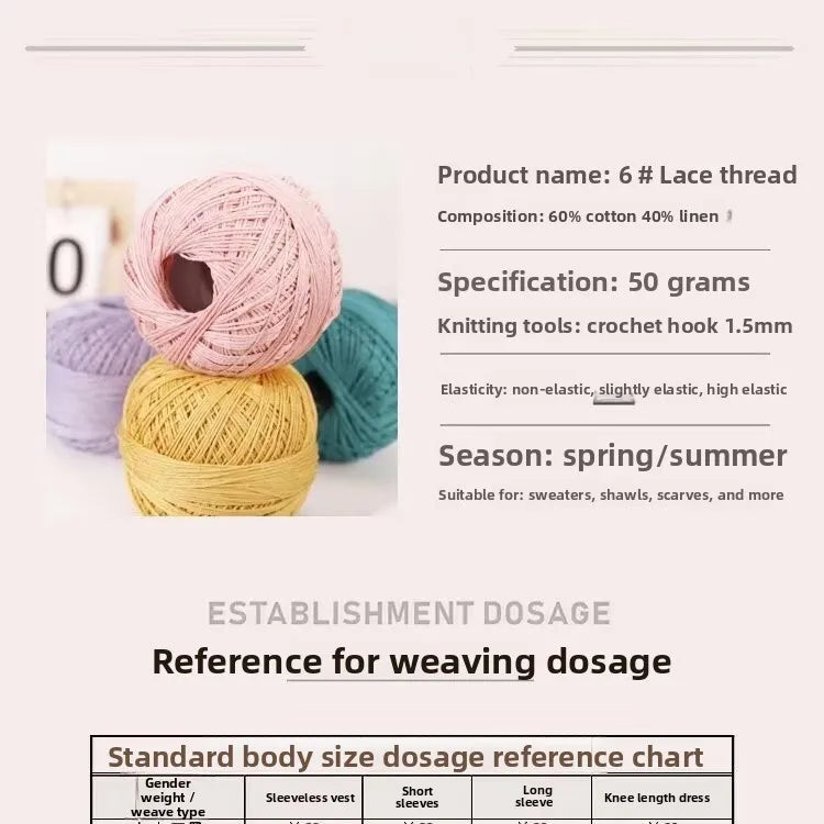 6-Strand Cotton Linen Lace Yarn Handmade Crochet Thread Medium Fine Hooking DIY Material Kit Children's Sweater Crochet Needl...