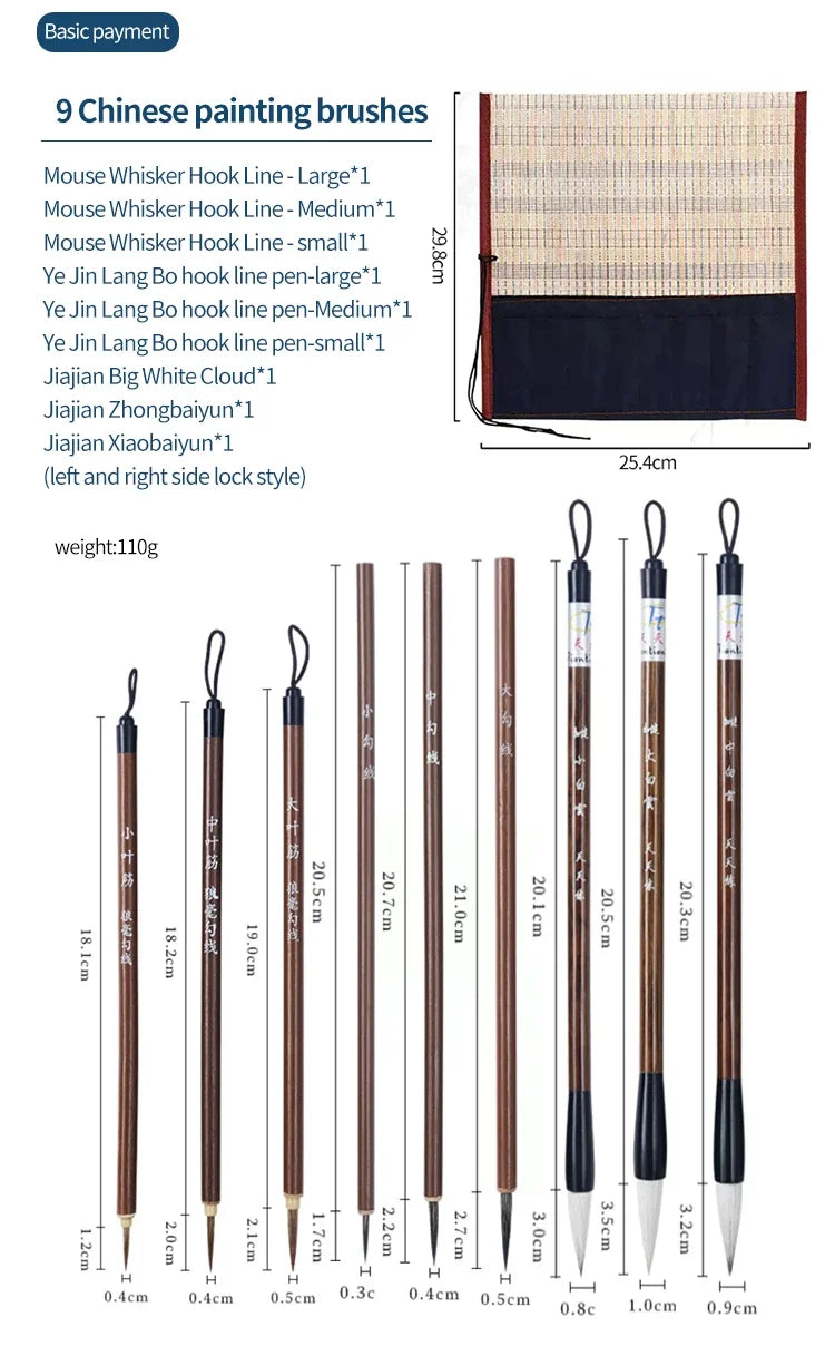 6/9/12/16Pcs Chinese Calligraphy Brushes Set with Roll-up Bamboo Brush Holder Sumi Painting Writing Kanji Art Watercolor Brush