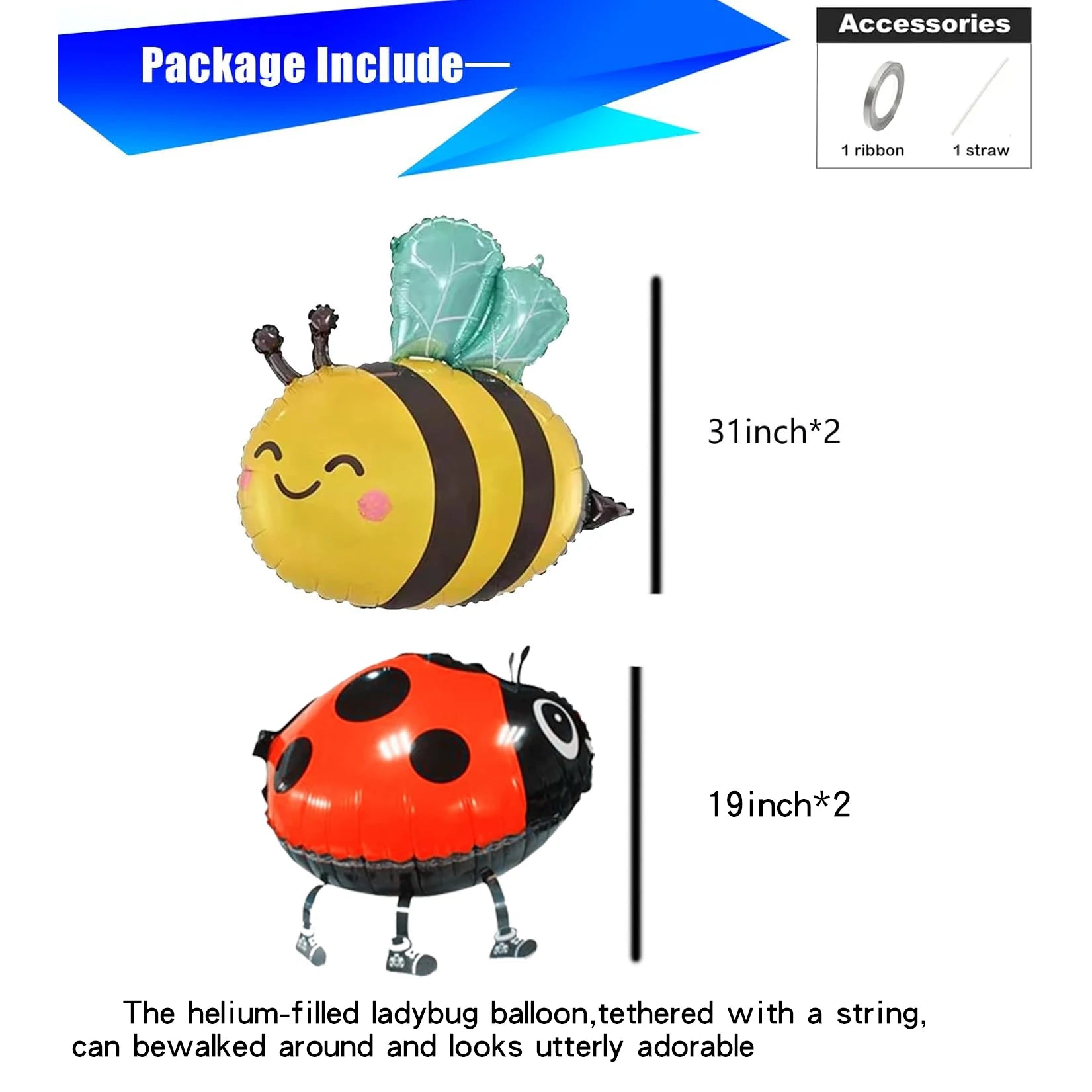 Cartoon Bee & Ladybug Balloons (4 Pcs) - 2 Big Smiling Bees & 2 Walking Ladybugs  for Baby Showers, Birthdays Bee Theme Decor