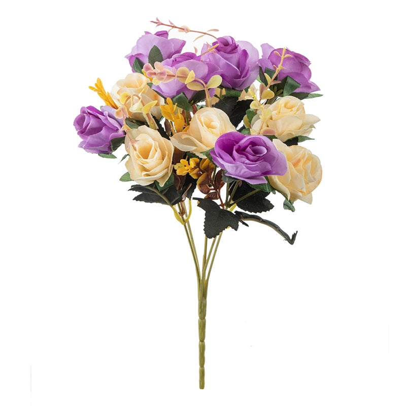 12 Heads Artificial Flowers Silk Mini Roses with Leaf Bouquet for Home Hotel Wedding Christmas Tables Decorations Bridal Bouquet