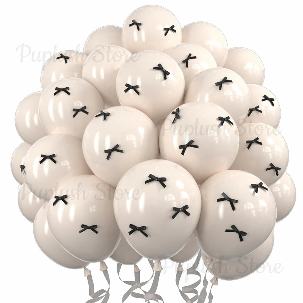 30Pcs Latex Balloons with Black Bow Coquette Bow Themed DIY Balloons Set for Boho Wedding Baby Shower Girls Birthday Party Decor