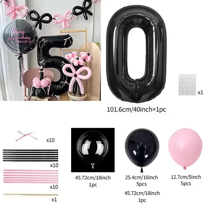 45 Pieces Pink Latex Balloon Black Number Balloon Set  for Girls Pink Butterfly Birthday Party, Anniversary Decoration (0-9)