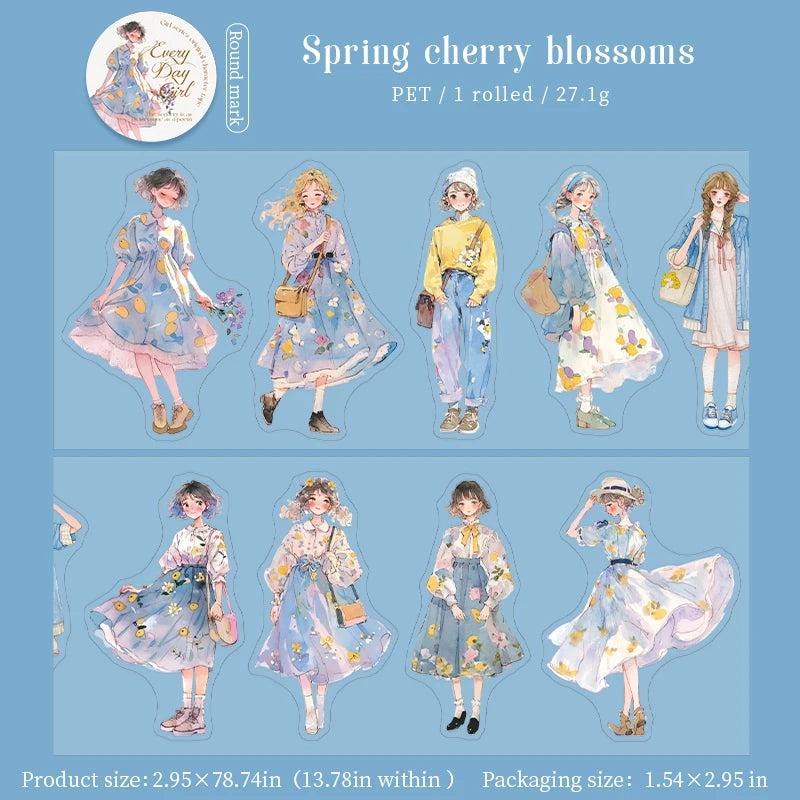 1 Roll Fashion Girl Stickers 4 Seasons Outfit DIY Scrapbook Journal Washi Tape For Phone Case Notebook Decoration Cute Stationer