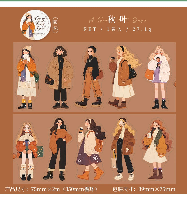 1 Roll Fashion Girl Stickers 4 Seasons Outfit DIY Scrapbook Journal Washi Tape For Phone Case Notebook Decoration Cute Stationer