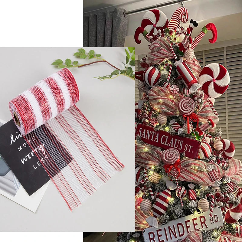 10Yards Christmas Red White Mesh Candy Cane Decoration Tulle Roll DIY Xmas Tree Ribbon Wreath Bow Wrapping Party New Year Gift