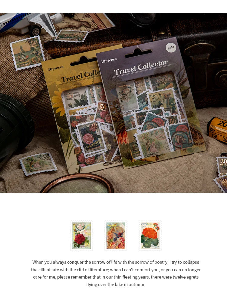 6style 30 pcs Travel Philatelic Stamp Decorative Gold Stickers DIY Scrapbook Label Diary Stationery Album Journal Sticker