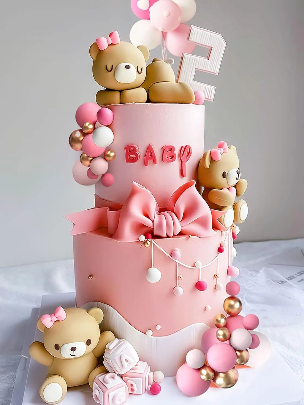 Luxury Teddy Bear Cake Decoration Bear Birthday Cake Topper With Bow for Baby Shower Girl's Birthday Party Supplies